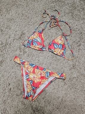 ASOS Coral Floral Triangle 2 Piece Bikini with Yellow, Pink, Blue Print